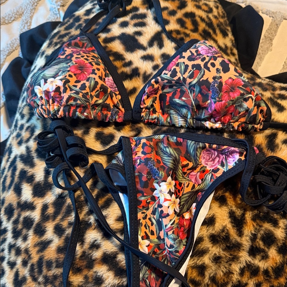 Forever 21 White & Multicolor Floral Triangle String Bikini